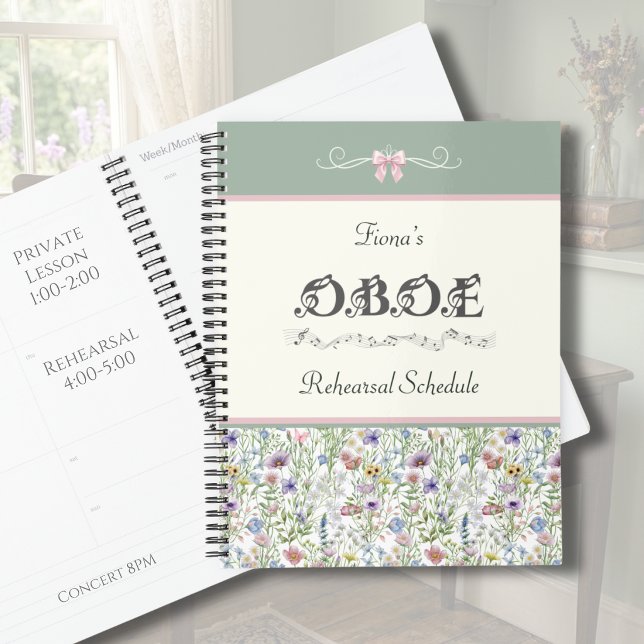 Planificateur de calendrier de répétition de hautb (Custom Oboe Rehearsal Planner | Whimsical Sage Green & Pink Wildflower | Music Gear)