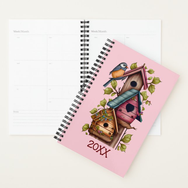 Planificateur de dates annuel rose Birdhouse (Devant avec enveloppe)