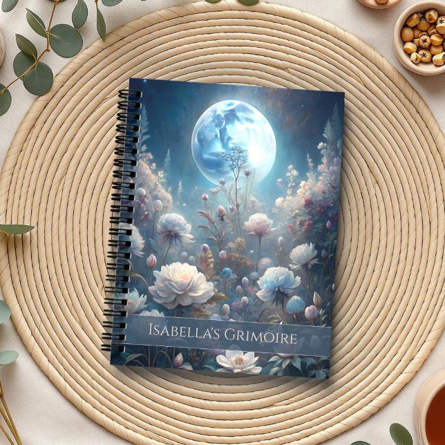 Planificateur de fleurs lunaires - Journal mystiqu (Lunar Bloom Planner – Mystical Floral Moon Journal on a boho table with herbs and a cup of tea)