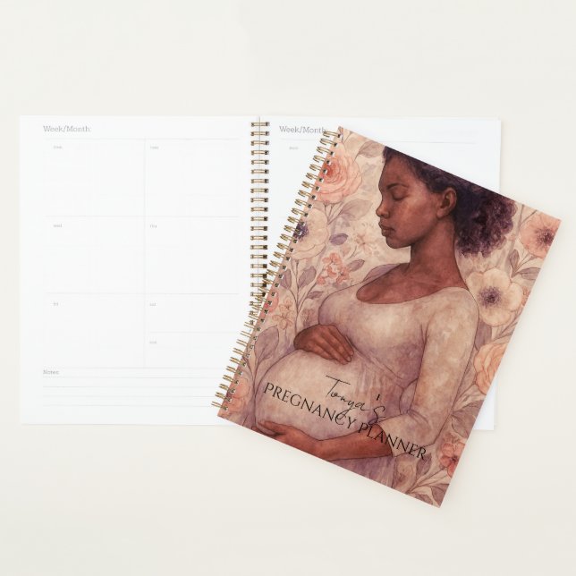 Planificateur de grossesse, femme noire enceinte (Devant avec enveloppe)