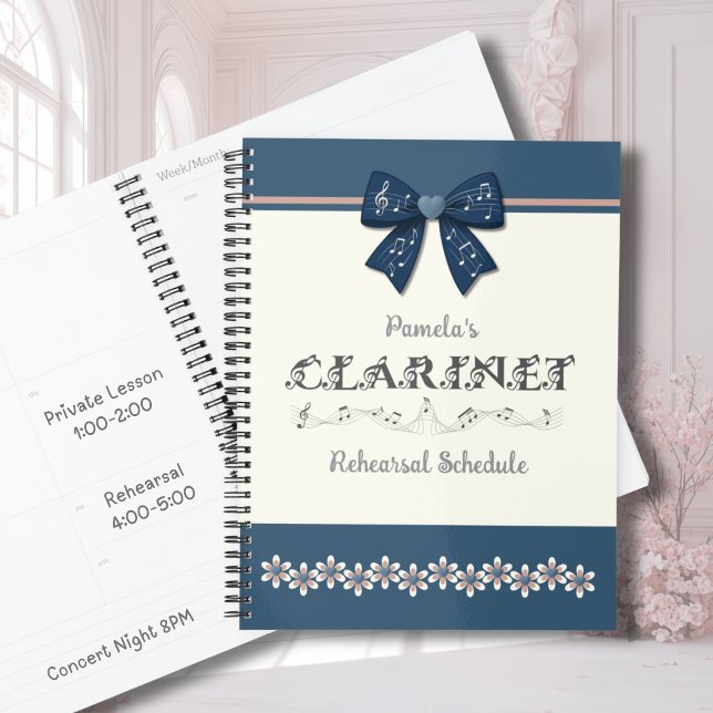 Planificateur de groupe de clarinette à nœud coque (Cute blue coquette bow clarinet planner for teen girls to take to school band rehearsals.)