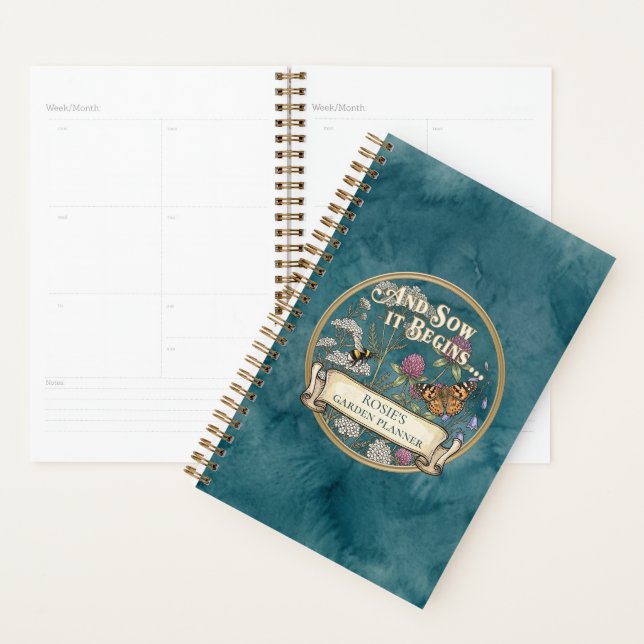 Planificateur de jardin sarcelle – Cahier personna (Devant avec enveloppe)