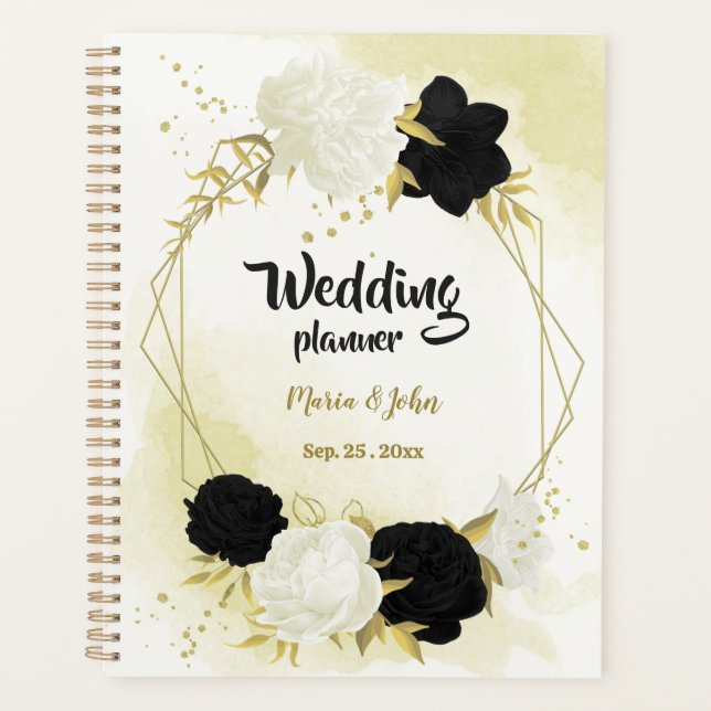 planificateur de mariage fleurs noir blanc or (Devant)