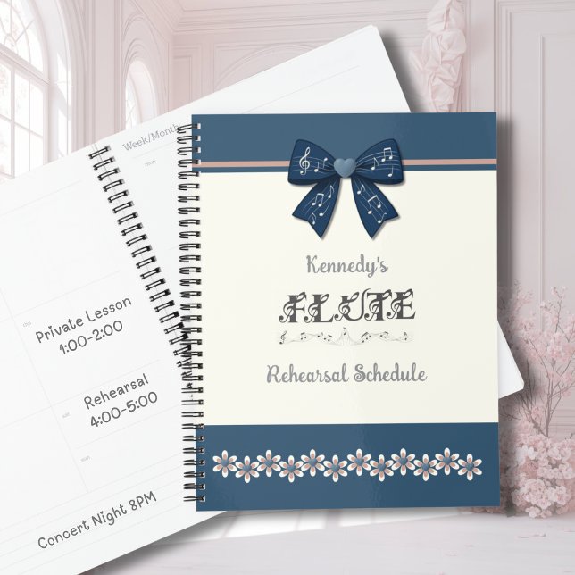 Planificateur de partition de flûte à bec à nœud b (Unique indigo blue bow flute music planner with preppy floral design for school band students.)