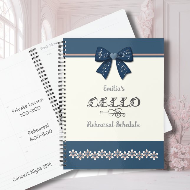 Planificateur de partitions de violoncelle à nœud  (Sweet navy floral cello planner for teen girls to organize music lessons and concert dates.)