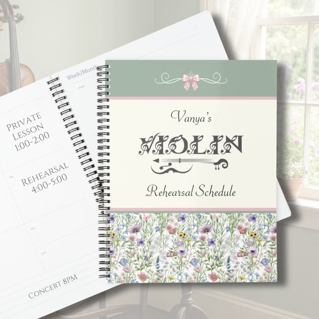 Planificateur de répétition de violon floral rose  (Personalized Violin Rehearsal Planner | Enchanted Meadow Pink Floral Aesthetic | Custom Gift)