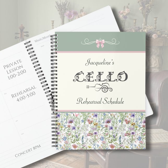 Planificateur de répétition de violoncelle Prairie (Custom Cello Rehearsal Planner | Whimsical Sage Green & Pink Wildflower | Botanical Music Gear)
