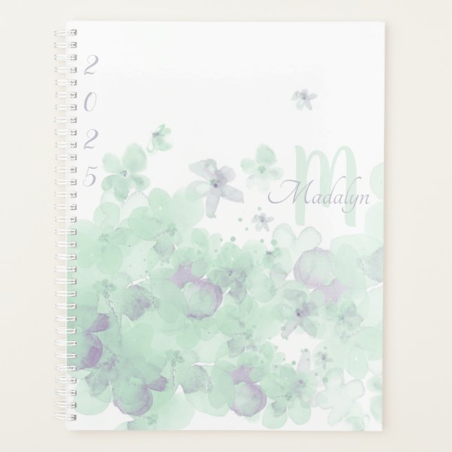 Planificateur floral aquarelle vert Monogram 2025 (Devant)