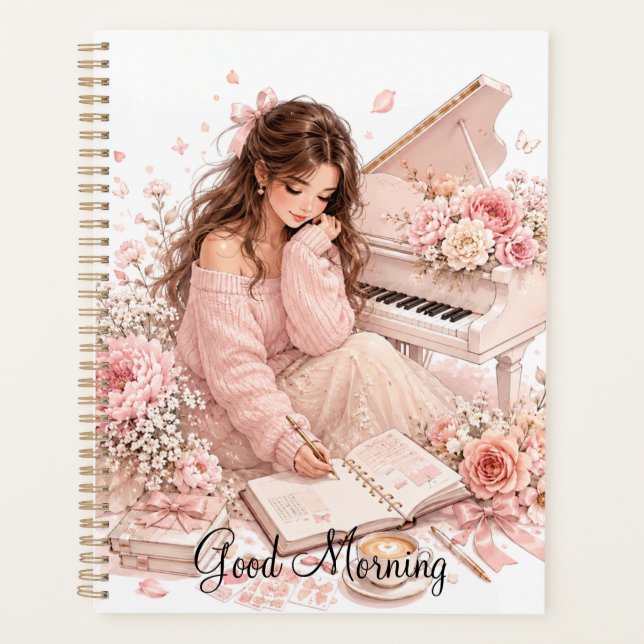 Planificateur floral au piano rose doux (Devant)