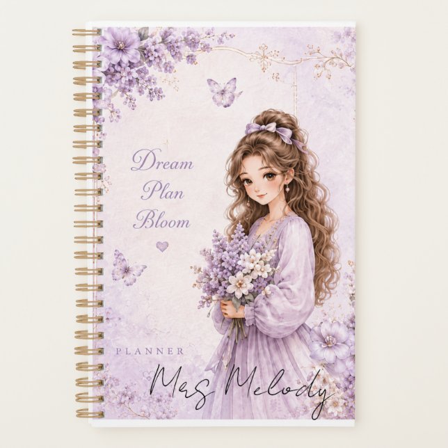 Planificateur floral violet en soie modifiable (Devant)