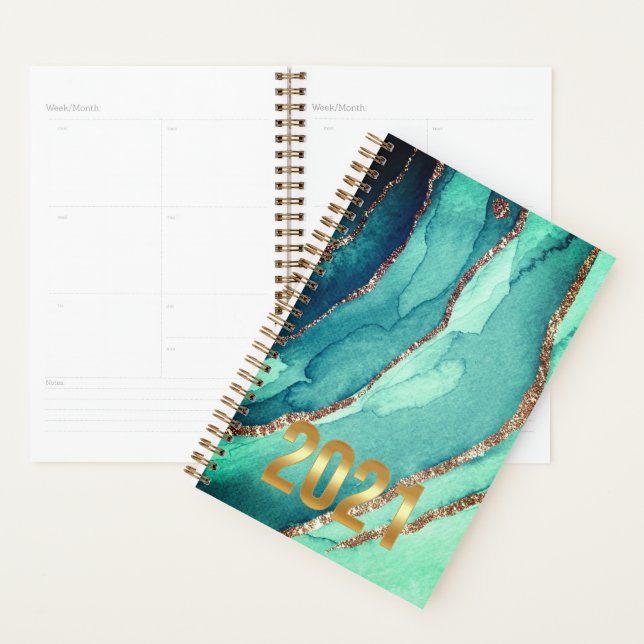 Planificateur Gold Turquoise Blue MARBLE 2021 cust (Devant avec enveloppe)
