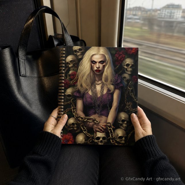 Planificateur gothique zombie blond | Édition Coll (Blonde zombie gothic planner held on a train, with skull and floral artwork.)