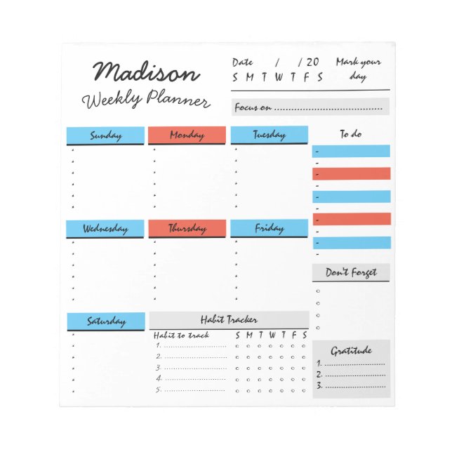 Planificateur hebdomadaire personnalisé Bloc-notes (Devant)