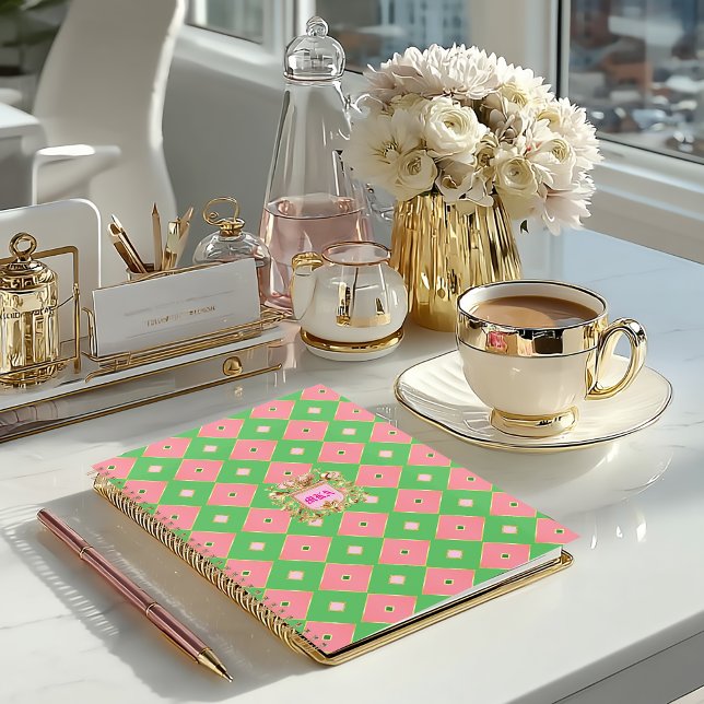 Planificateur Luxueux Harlequin Rose & Vert avec M (Stylish Pink and Green Harlequin Monogram Crest Planner )