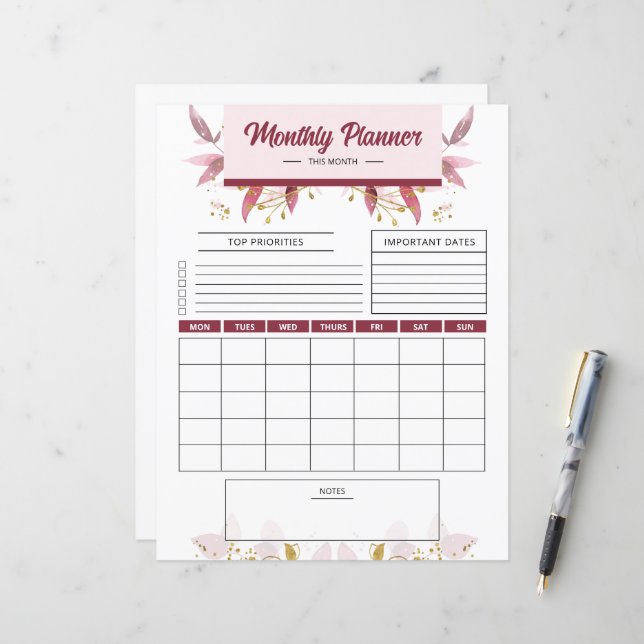 Planificateur mensuel modèle imprimable (Devant/Arrière en situation)