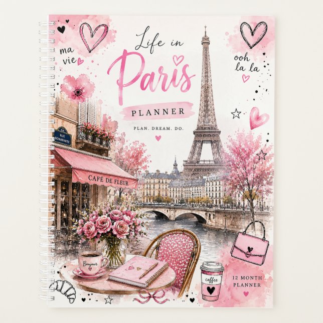 Planificateur mensuel rose aquarelle de Paris (Devant)