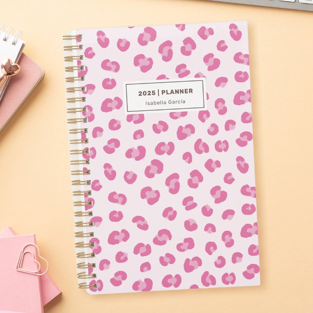Planificateur mensuel rose moderne (Personalized Pink Leopard Print, Weekly Monthly Planner.)