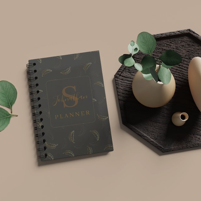 Planificateur Moderne Monogramme Entreprise Noir - (Modern Monogram Business Black - Gold Planner)