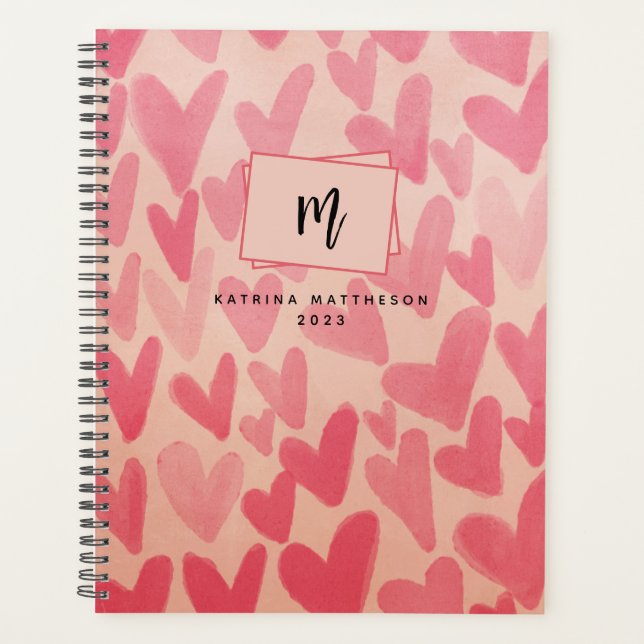 Planificateur Monogrammé à Cœurs Gribouillés Rose  (Devant)