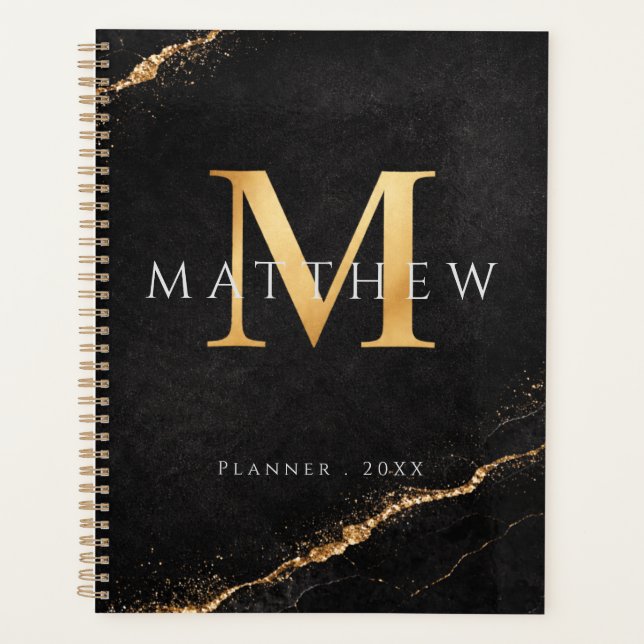 Planificateur noir doré à monogramme personnalisé (Devant)
