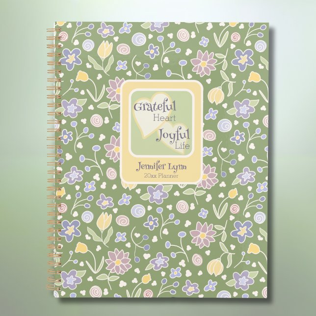 Planificateur Personnalisé Cœur Reconnaissant Vie  (Grateful Heart Joyful Life Personalized Planner – Floral Green Weekly & Monthly Organizer)