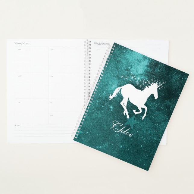 Planificateur personnalisé Unicorne turquoise (Devant avec enveloppe)