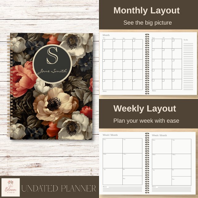 Planificateur spiral floral vintage foncé  (Beautiful on the outside. Practical on the inside. Personalize your cover and enjoy clear layouts.)