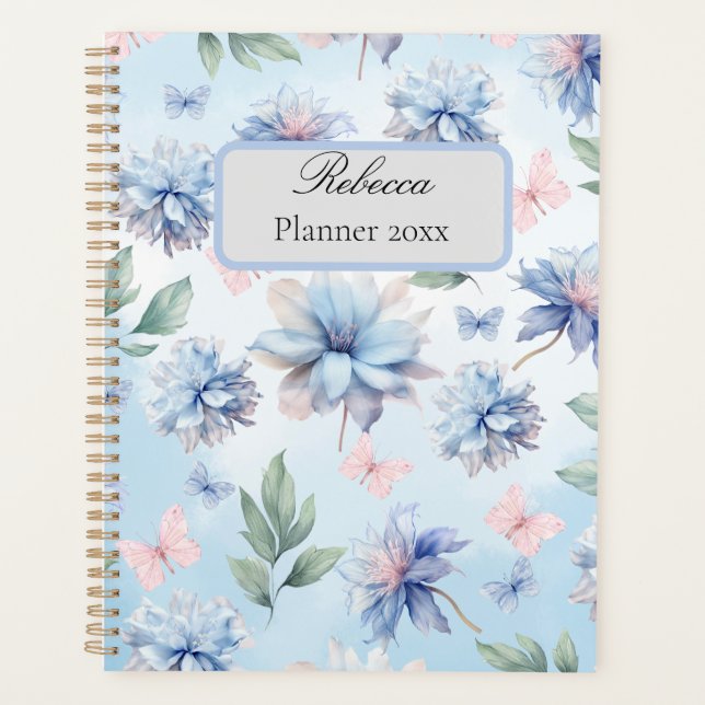 Planner de fleurs bleues et papillons roses (Devant)