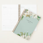 Planneur Floral Blanc Hiver Personnalisé<br><div class="desc">Planificateur imprimé personnalisé personnalisé avec votre nom et votre année ou tout autre texte personnalisé. Le design est doté d'une bordure florale blanche d'aquarelle féminine sur arrière - plan de menthe pastel. Utilisez les outils de conception pour choisir une couleur arrière - plan, modifier les polices de texte et la...</div>