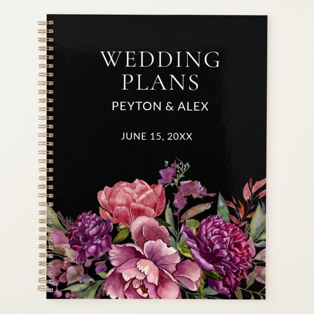 Plans de mariage floraux rose violet noir botaniqu (Devant)