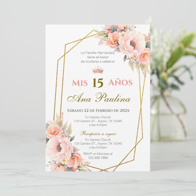 Plante rose Quinceañera Espagnol Invitation (Debout devant)
