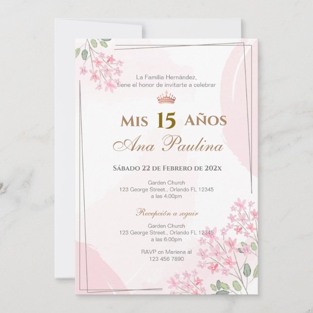 Plante rose Quinceañera Espagnol Invitation (Devant)