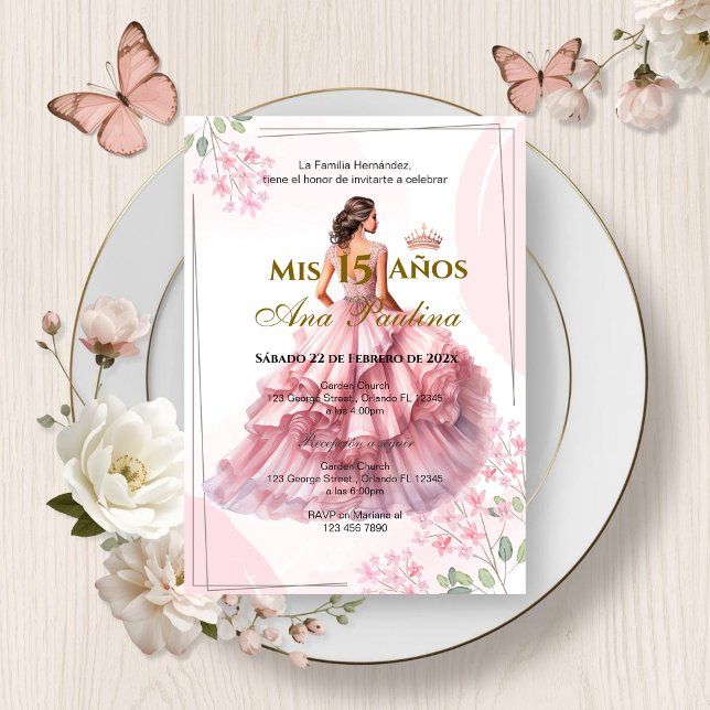 Plante rose Quinceañera Espagnol Invitation (Créateur téléchargé)