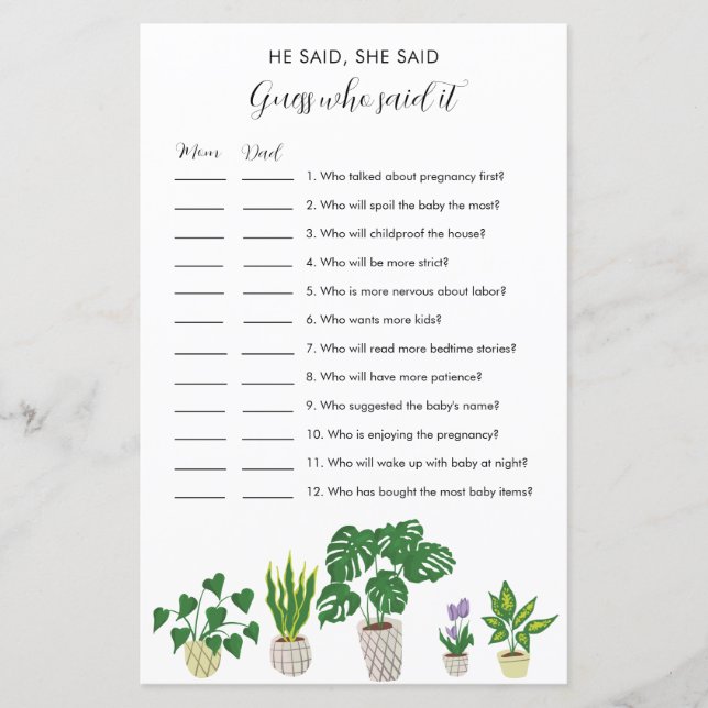 Plantes en Pot pour Baby Shower Jeu "Il a dit, Ell (Devant)