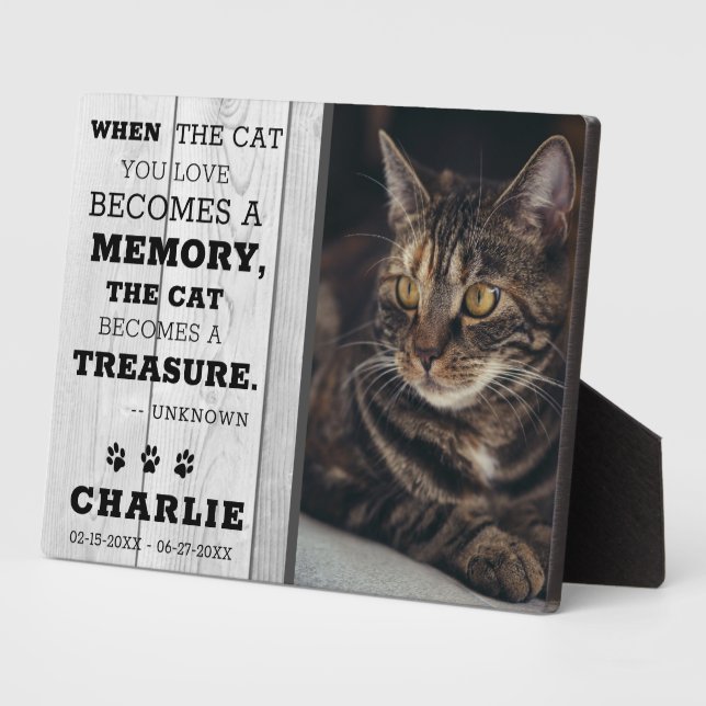 Plaque commémoratif photo de chat en bois gris rus (Côté)