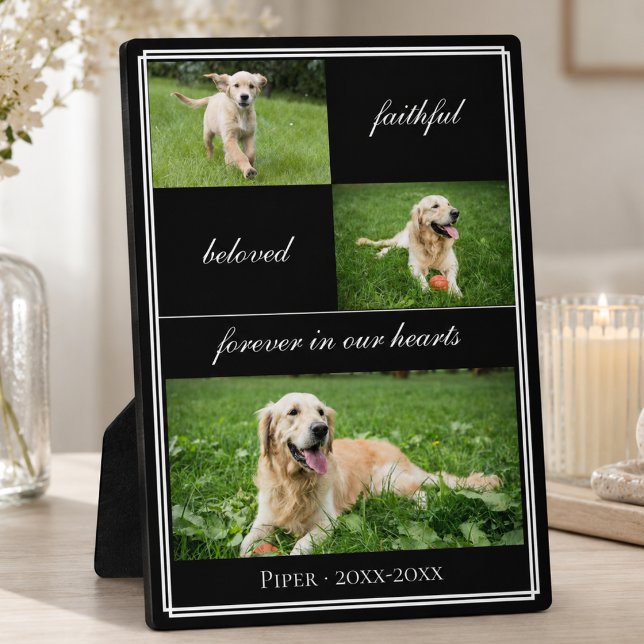 Plaque commémorative de collage de photo de compag (elegant script black and white 3 photo collage forever in our hearts pet dog memorial plaque)