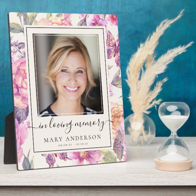 Plaque commémorative photo papillon floral rose (Côté)