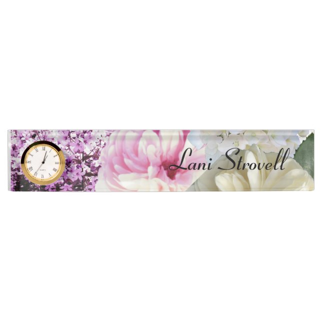 Plaque de bureau à fleurs élégantes avec nom (Devant)