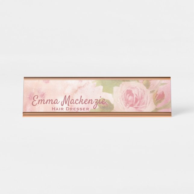 Plaque de bureau avec roses roses pour nom de post (Devant)