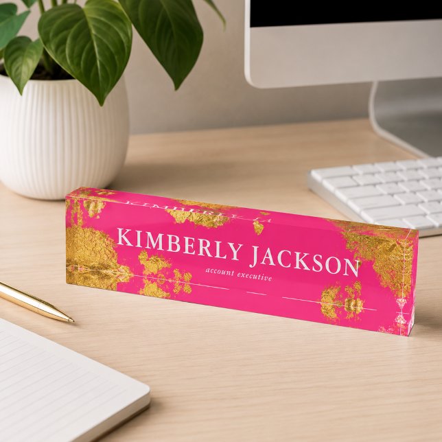 Plaque de bureau élégante moderne rose chaud or (Modern Elegant Hot Pink Gold Desk Name Plate)