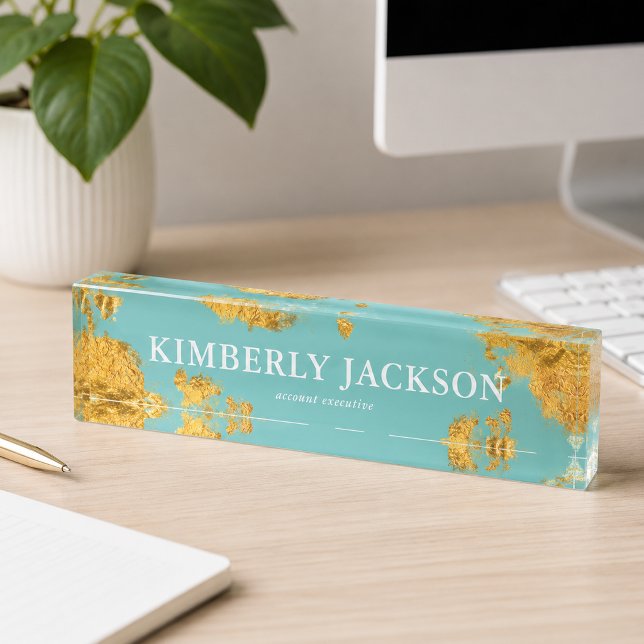 Plaque de bureau élégante moderne sarcelle aqua or (Modern Elegant Teal Aqua Gold Desk Name Plate)
