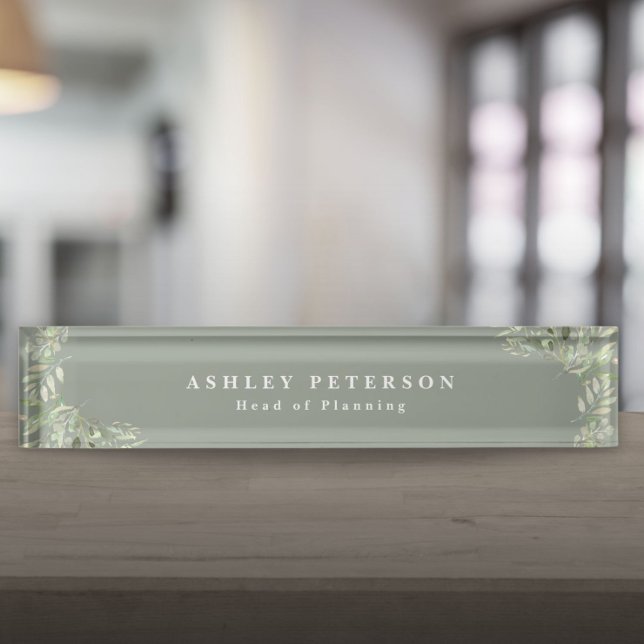 Plaque de bureau élégante Vert Sage Or Végétal (Elegant Sage Green Gold Greenery Desk Name Plate)