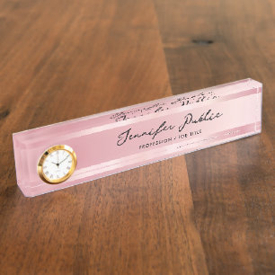 Plaque de bureau en or rose avec horloge calligrap