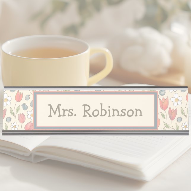 Plaque de bureau personnalisée pour enseignant ave (Whimsical Floral Teacher Name Plate for Desk)