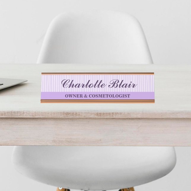 Plaque de bureau personnalisée rayée violette (Purple Striped Personalized Desk Name Plate)