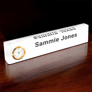 Plaque de nom de bureau acrylique avec horloge pro