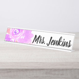 Plaque de nom de bureau en aquarelle rose florale