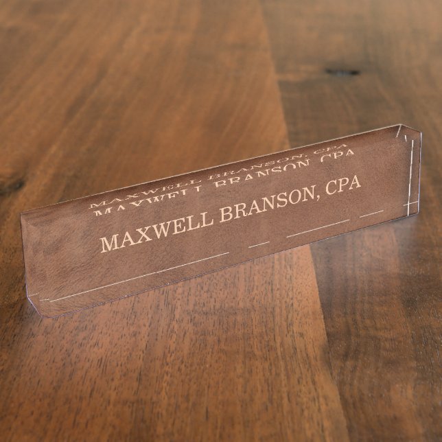 Plaque de nom en cuir marron Professionnel Une lig (Taille)