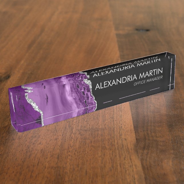Plaque de nom en marbre d'agate violet noir argent (Taille)