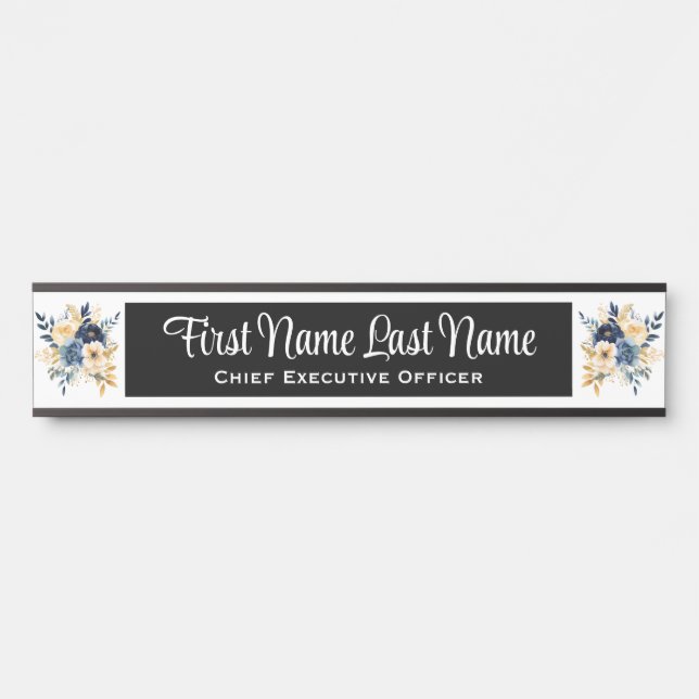 Plaque de nom florale bleue et or pour porte de bu (Devant)